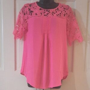Vibrant Pink Short Sleeve Lace Embellished Blouse - Womens Size Medium